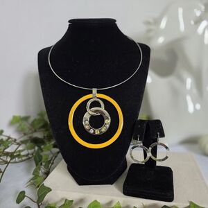 Silver Choker Necklace with  Yellow Enamel Circle Pendant and Earrings Set